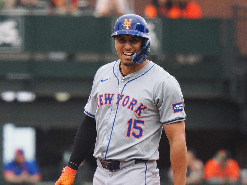 Apr 24, 2024; San Francisco, California, USA; New York Mets right fielder Tyrone Tyler (15) on second base after hitting a two-run double against the San Francisco Giants during the fifth inning at Oracle Park. Mandatory Credit: Kelley L Cox-USA TODAY Sports