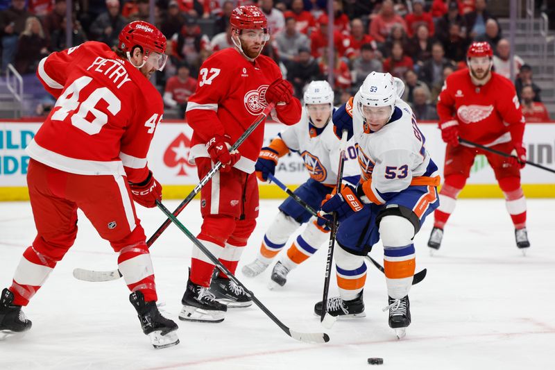 Feb 29, 2024; Detroit, Michigan, USA;  New York Islanders center Casey Cizikas (53)ref10 and Detroit Red Wings defenseman Jeff Petry (46) battle for the puck in the third period at Little Caesars Arena. Mandatory Credit: Rick Osentoski-USA TODAY Sports