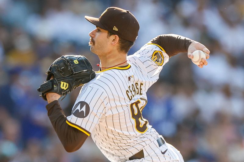 Jul 31, 2024; San Diego, California, USA; San Diego Padres starting pitcher Dylan Cease (84) pitches during the first inning against the Los Angeles Dodgers at Petco Park. Mandatory Credit: David Frerker-USA TODAY Sports