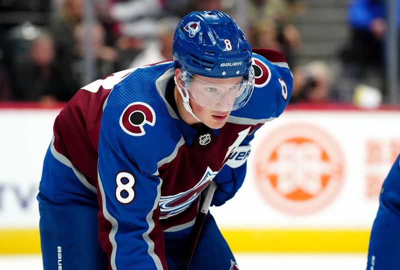 Oct 12, 2022; Denver, Colorado, USA; Colorado Avalanche defenseman Cale Makar (8) during the first period against the Chicago Blackhawks at Ball Arena. Mandatory Credit: Ron Chenoy-USA TODAY Sports