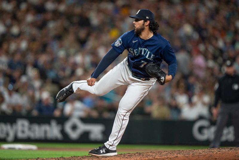 Aug 8, 2023; Seattle, Washington, USA; Seattle Mariners reliever Andres Munoz (75) delivers a pitch during the ninth inning against the San Diego Padres at T-Mobile Park. Mandatory Credit: Stephen Brashear-USA TODAY Sports