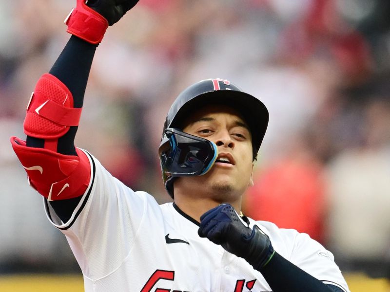 May 4, 2024; Cleveland, Ohio, USA; Cleveland Guardians designated hitter Bo Naylor (23) rounds the bases after hitting a grand slam home run during the sixth inning against the Los Angeles Angels at Progressive Field. Mandatory Credit: Ken Blaze-USA TODAY Sports