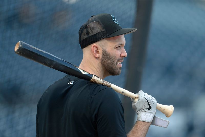 Sep 30, 2023; Pittsburgh, Pennsylvania, USA;  Miami Marlins catcher Jacob Stallings at the batting cage before the game against the Pittsburgh Pirates at PNC Park. Mandatory Credit: Charles LeClaire-USA TODAY Sports