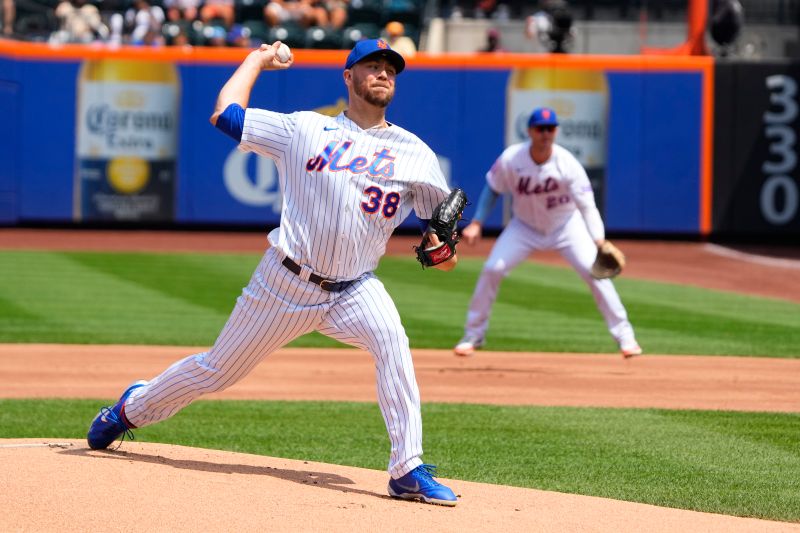 Aug 16, 2023; New York City, New York, USA; New York Mets pitcher Tylor Megill (38) delivers a pitch against the Pittsburgh Pirates during the first inning at Citi Field. Mandatory Credit: Gregory Fisher-USA TODAY Sports