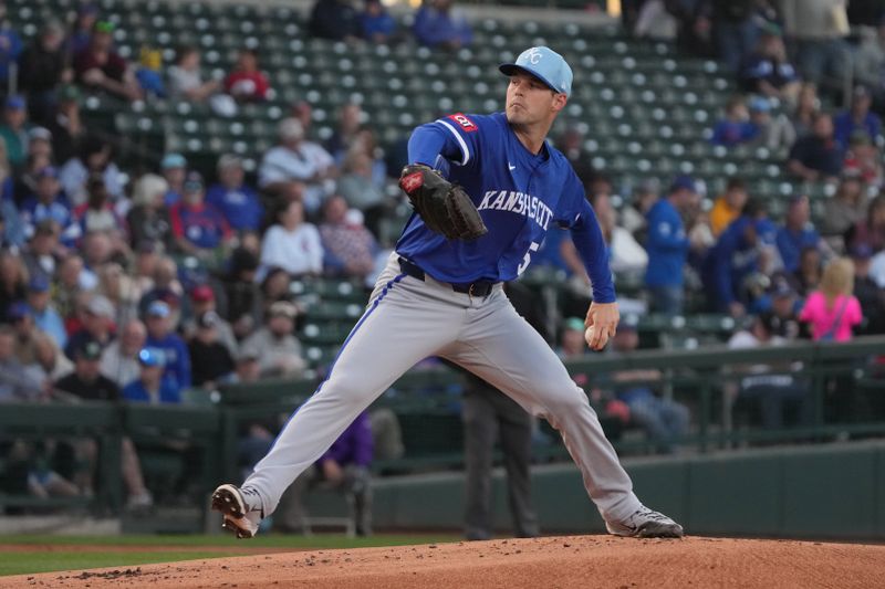 Mar 6, 2025; Mesa, Arizona, USA; Kansas City Royals pitcher Cole Ragans (55) throws against the Chicago Cubs in the first inning at Sloan Park. Mandatory Credit: Rick Scuteri-Imagn Images