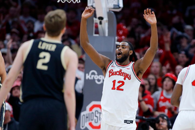 Feb 18, 2024; Columbus, Ohio, USA;  OOhio State Buckeyes guard Evan Mahaffey (12) celebrates during the second half against the Purdue Boilermakers at Value City Arena. Mandatory Credit: Joseph Maiorana-USA TODAY Sports