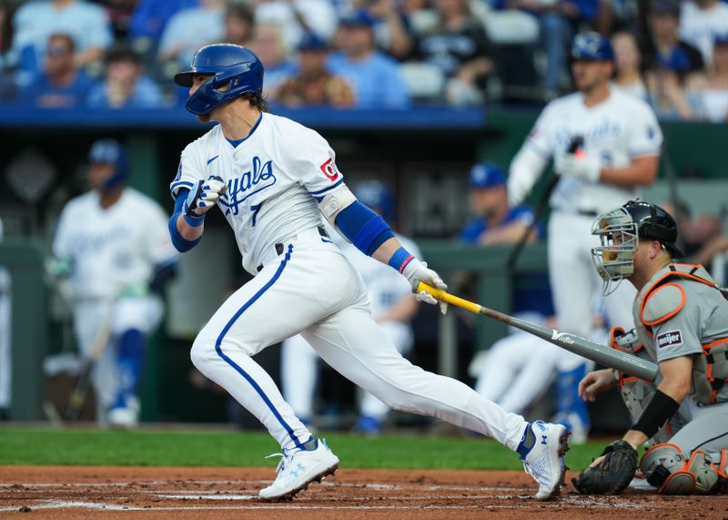 May 20, 2024; Kansas City, Missouri, USA; Kansas City Royals shortstop Bobby Witt Jr. (7) hits a double against the Detroit Tigers during the first inning at Kauffman Stadium. Mandatory Credit: Jay Biggerstaff-USA TODAY Sports