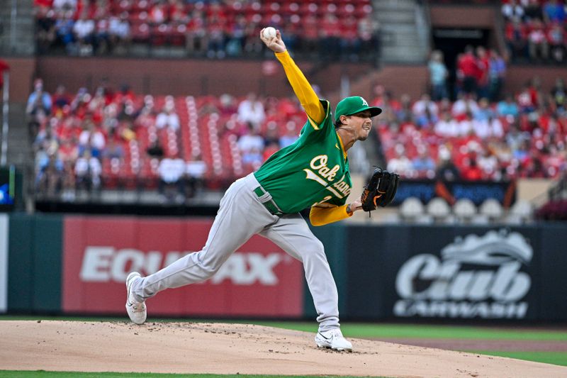 Aug 15, 2023; St. Louis, Missouri, USA;  Oakland Athletics starting pitcher Spenser Watkins (36) pitches against the St. Louis Cardinals during the first inning at Busch Stadium. Mandatory Credit: Jeff Curry-USA TODAY Sports