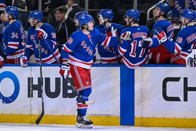 Jan 21, 2025; New York, New York, USA;  New York Rangers left wing Will Cuylle (50) celebrates his goal against the Ottawa Senators during the third period at Madison Square Garden. Mandatory Credit: Dennis Schneidler-Imagn Images