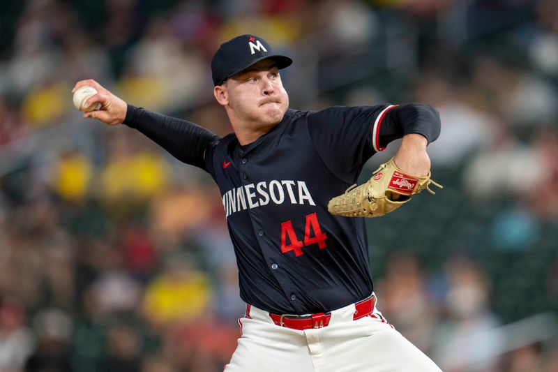 Sep 25, 2024; Minneapolis, Minnesota, USA; Minnesota Twins pitcher Cole Sands (44) delivers a pitch against the Miami Marlins in the sixth inning at Target Field. Mandatory Credit: Jesse Johnson-Imagn Images
