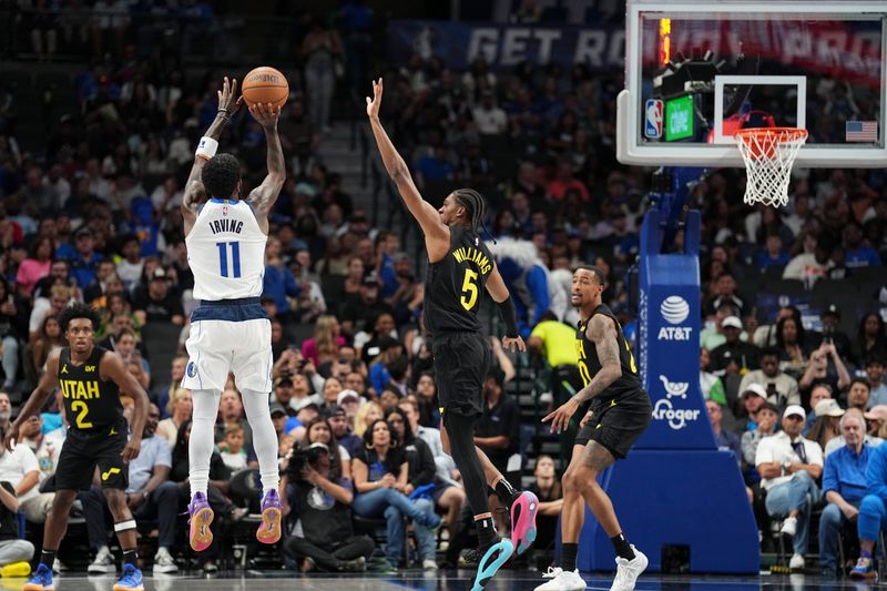 DALLAS, TX - OCTOBER 10: Kyrie Irving #11 of the Dallas Mavericks shoots a three point basket during the game against the Utah Jazz on October 10, 2024 at American Airlines Center in Dallas, Texas. NOTE TO USER: User expressly acknowledges and agrees that, by downloading and or using this photograph, User is consenting to the terms and conditions of the Getty Images License Agreement. Mandatory Copyright Notice: Copyright 2024 NBAE (Photo by Glenn James/NBAE via Getty Images)