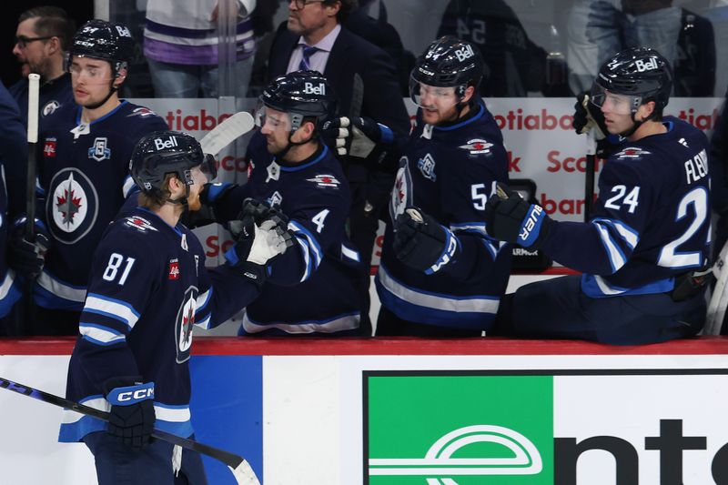 Mar 24, 2026; Winnipeg, Manitoba, CAN; Winnipeg Jets left wing Kyle Connor (81) celebrates a goal against the Vegas Golden Knights win the first period at Canada Life Centre. Mandatory Credit: James Carey Lauder-Imagn Images