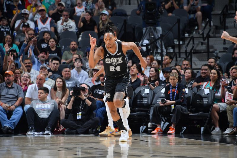 SAN ANTONIO, TX - MARCH 3: Devin Vassell #24 of the San Antonio Spurs celebrates during the game against the Indiana Pacers on March 3, 2024 at the Frost Bank Center in San Antonio, Texas. NOTE TO USER: User expressly acknowledges and agrees that, by downloading and or using this photograph, user is consenting to the terms and conditions of the Getty Images License Agreement. Mandatory Copyright Notice: Copyright 2024 NBAE (Photos by Michael Gonzales/NBAE via Getty Images)