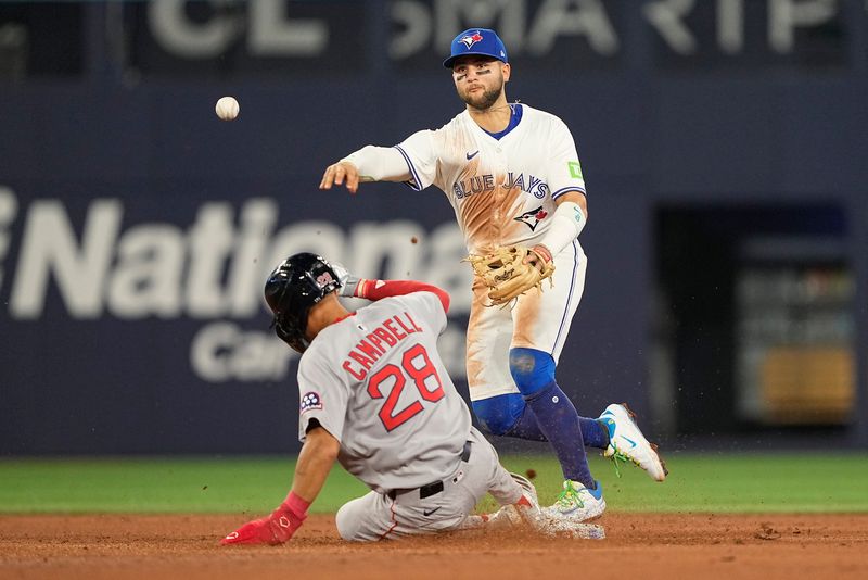Apr 29, 2025; Toronto, Ontario, CAN; Toronto Blue Jays shortstop Bo Bichette (11) turns a double play against Boston Red Sox second baseman Kristian Campbell (28) and Boston Red Sox first baseman Triston Casas (not pictured) at first base to end the fifth inning at Rogers Centre. Mandatory Credit: John E. Sokolowski-Imagn Images