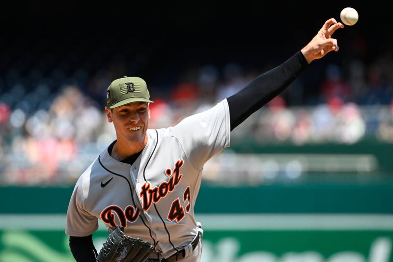 May 21, 2023; Washington, District of Columbia, USA; Detroit Tigers starting pitcher Joey Wentz (43) throws to the Washington Nationals during the first inning at Nationals Park. Mandatory Credit: Brad Mills-USA TODAY Sports