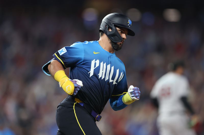 May 2, 2025; Philadelphia, Pennsylvania, USA; Philadelphia Phillies outfielder Kyle Schwarber (12) runs the bases after hitting a home run against the Arizona Diamondbacks during the seventh inning at Citizens Bank Park. Mandatory Credit: Bill Streicher-Imagn Images
