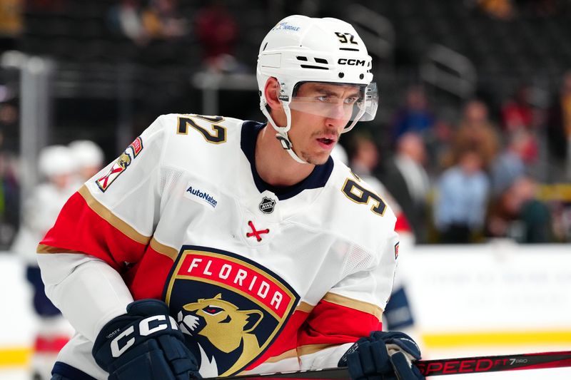 Jan 26, 2025; Las Vegas, Nevada, USA; Florida Panthers left wing Tomas Nosek (92) warms up before a game against the Vegas Golden Knights at T-Mobile Arena. Mandatory Credit: Stephen R. Sylvanie-Imagn Images