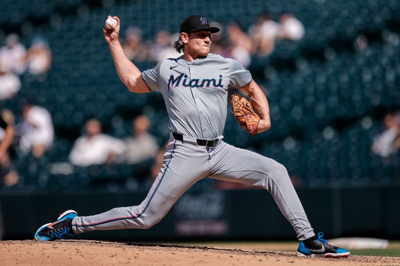 Aug 29, 2024; Denver, Colorado, USA; Miami Marlins relief pitcher Declan Cronin (51) pitches in the sixth inning against the Colorado Rockies at Coors Field. Mandatory Credit: Isaiah J. Downing-USA TODAY Sports