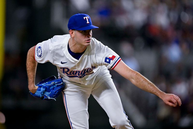 Aug 15, 2024; Arlington, Texas, USA; Texas Rangers starting pitcher Cody Bradford (61) pitches against the Minnesota Twins during the third inning at Globe Life Field. Mandatory Credit: Jerome Miron-USA TODAY Sports