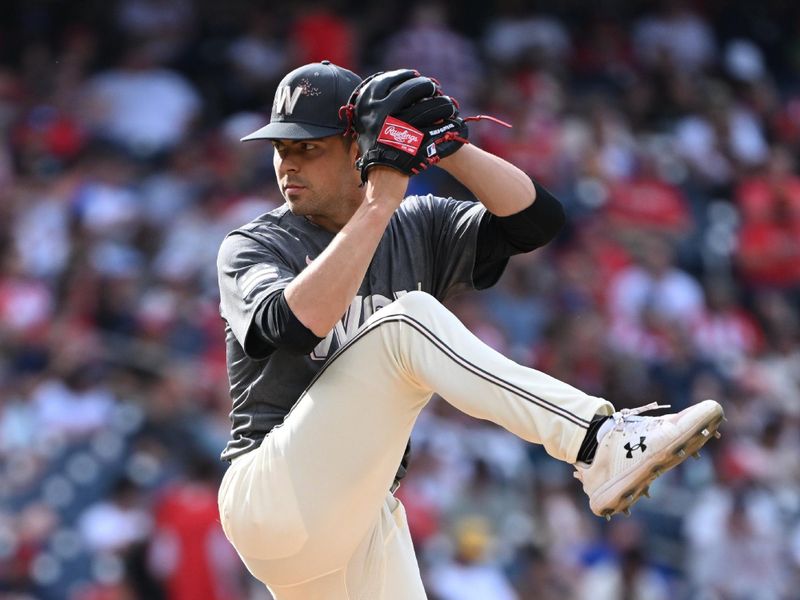 Jun 8, 2024; Washington, District of Columbia, USA; Washington Nationals starting pitcher MacKenzie Gore (1) throws a pitch against the Atlanta Braves during the fifth inning at Nationals Park. Mandatory Credit: Rafael Suanes-USA TODAY Sports