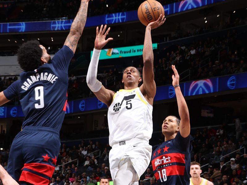 WASHINGTON, DC -? MARCH 5:  Cody Williams #5 of the Utah Jazz shoots the ball during the game against the Washington Wizards on March 5, 2025 at Capital One Arena in Washington, DC. NOTE TO USER: User expressly acknowledges and agrees that, by downloading and or using this Photograph, user is consenting to the terms and conditions of the Getty Images License Agreement. Mandatory Copyright Notice: Copyright 2025 NBAE (Photo by Kenny Giarla/NBAE via Getty Images)