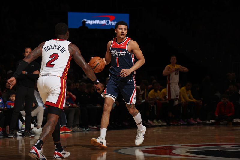 WASHINGTON, DC -? MARCH 31: Johnny Davis #1 of the Washington Wizards brings the ball up court during the game against the Miami Heat on March 31, 2024 at Capital One Arena in Washington, DC. NOTE TO USER: User expressly acknowledges and agrees that, by downloading and or using this Photograph, user is consenting to the terms and conditions of the Getty Images License Agreement. Mandatory Copyright Notice: Copyright 2024 NBAE (Photo by Stephen Gosling/NBAE via Getty Images)