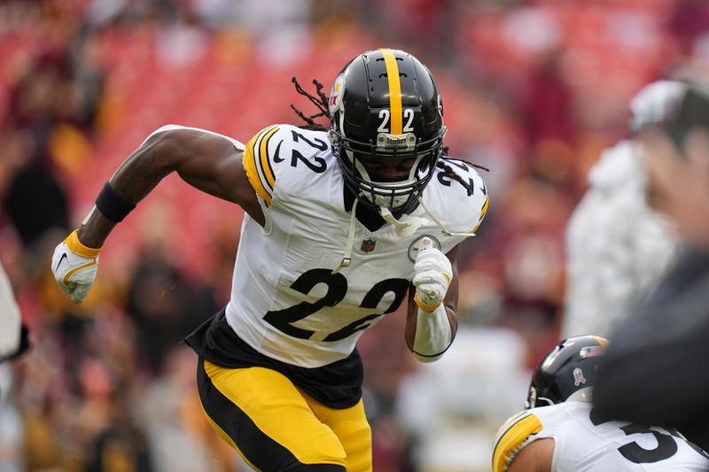 Pittsburgh Steelers running back Najee Harris runs a drill during pregame of an NFL football game against the Washington Commanders, Sunday, Nov. 10, 2024, in Landover, Md. (AP Photo/Stephanie Scarbrough)