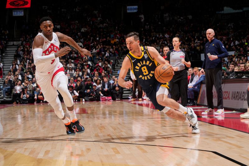 TORONTO, CANADA - APRIL 9: T.J. McConnell #9 of the Indiana Pacers drives to the basket during the game against the Toronto Raptors on April 9, 2024 at the Scotiabank Arena in Toronto, Ontario, Canada.  NOTE TO USER: User expressly acknowledges and agrees that, by downloading and or using this Photograph, user is consenting to the terms and conditions of the Getty Images License Agreement.  Mandatory Copyright Notice: Copyright 2024 NBAE (Photo by Mark Blinch/NBAE via Getty Images)