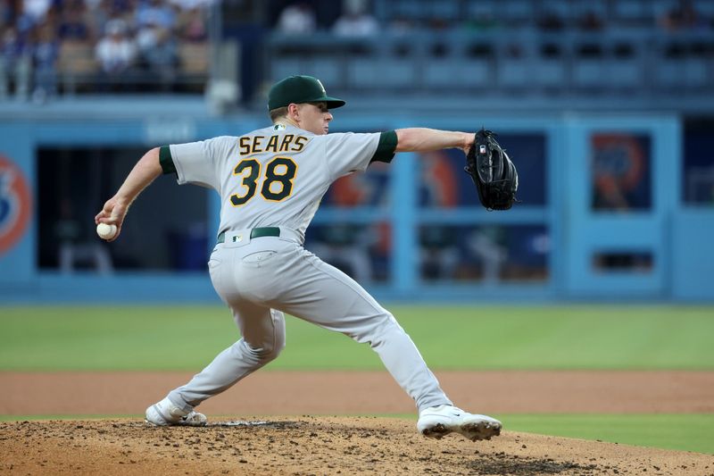 Aug 3, 2023; Los Angeles, California, USA;  Oakland Athletics starting pitcher JP Sears (38) pitches during the second inning against the Los Angeles Dodgers at Dodger Stadium. Mandatory Credit: Kiyoshi Mio-USA TODAY Sports