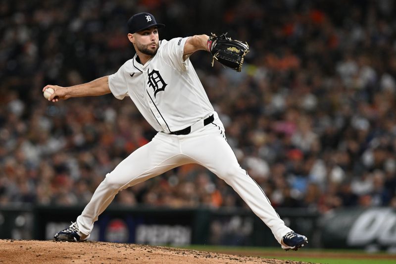 Sep 25, 2024; Detroit, Michigan, USA;  Detroit Tigers pitcher Brenan Hanifee (75) throws a pitch against the Tampa Bay Rays in the fifth inning at Comerica Park. Mandatory Credit: Lon Horwedel-Imagn Images