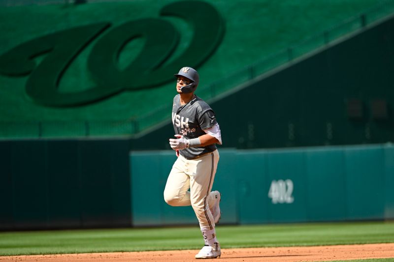 Jul 8, 2023; Washington, District of Columbia, USA; Washington Nationals first baseman Joey Meneses (45) rounds the bases after hitting a solo home run against the Texas Rangers during the first inning at Nationals Park. Mandatory Credit: Brad Mills-USA TODAY Sports