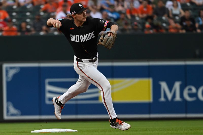 Jun 14, 2024; Baltimore, Maryland, USA;  Baltimore Orioles shortstop Gunnar Henderson (2) throws to first base in the first inning against the Philadelphia Phillies at Oriole Park at Camden Yards. Mandatory Credit: Tommy Gilligan-USA TODAY Sports