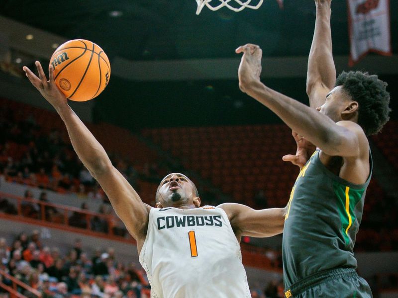 Jan 6, 2024; Stillwater, Oklahoma, USA;  Oklahoma State Cowboys guard Bryce Thompson (1) puts up shot during the first half against the Baylor Bears at Gallagher-Iba Arena. Mandatory Credit: William Purnell-USA TODAY Sports