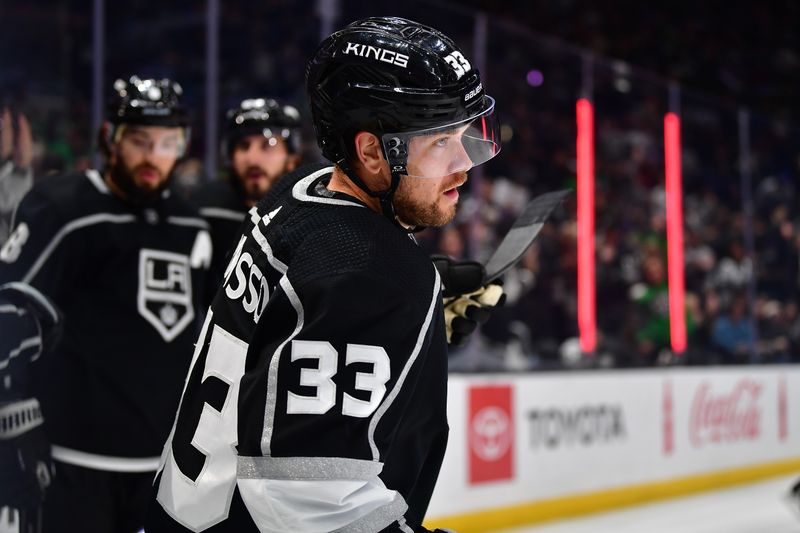 Mar 16, 2023; Los Angeles, California, USA; Los Angeles Kings right wing Viktor Arvidsson (33) reacts after scoring a goal against the Columbus Blue Jackets during the second period at Crypto.com Arena. Mandatory Credit: Gary A. Vasquez-USA TODAY Sports