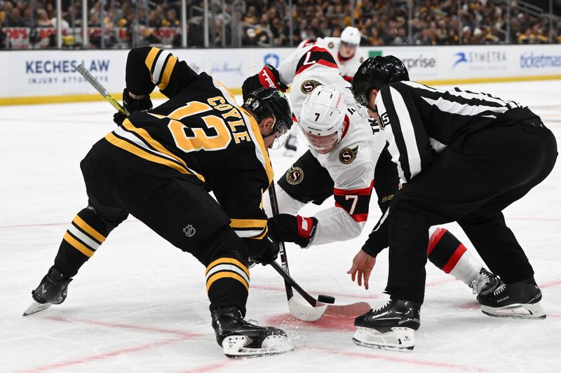 Nov 9, 2024; Boston, Massachusetts, USA; Faceoff between Boston Bruins center Charlie Coyle (13) and Ottawa Senators left wing Brady Tkachuk (7) during the second period at TD Garden. Mandatory Credit: Brian Fluharty-Imagn Images