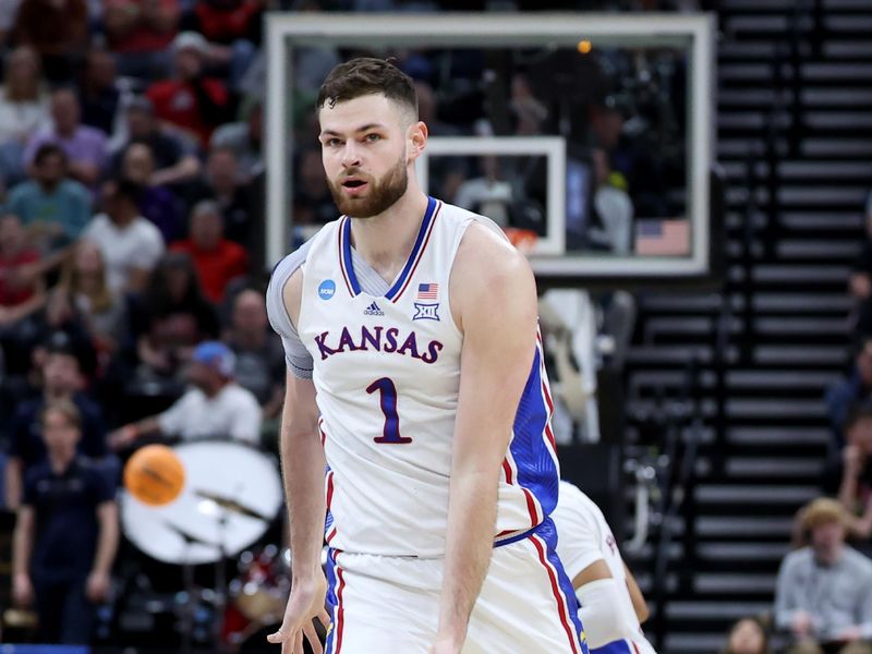 Mar 23, 2024; Salt Lake City, UT, USA; Kansas Jayhawks center Hunter Dickinson (1) reacts after a basket during the first half in the second round of the 2024 NCAA Tournament at Vivint Smart Home Arena-Delta Center. Mandatory Credit: Rob Gray-USA TODAY Sports