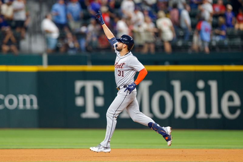 Jun 4, 2024; Arlington, Texas, USA; Detroit Tigers outfielder Riley Greene (31) celebrates after hitting a home run during the fifth inning against the Texas Rangers at Globe Life Field. Mandatory Credit: Andrew Dieb-USA TODAY Sports
