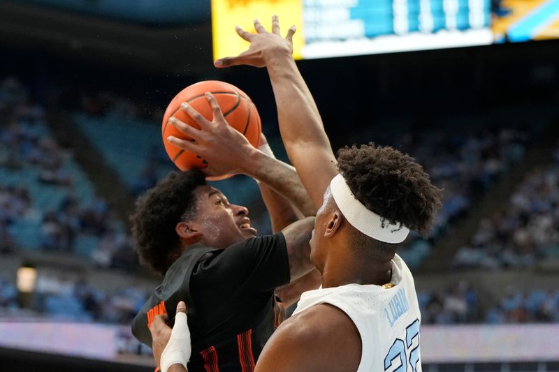 Mar 1, 2025; Chapel Hill, North Carolina, USA;  Miami (Fl) Hurricanes forward Brandon Johnson (2) with the ball as North Carolina Tar Heels forward Ven-Allen Lubin (22) defends in the first half at Dean E. Smith Center. Mandatory Credit: Bob Donnan-Imagn Images