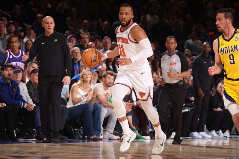 NEW YORK, NY - MAY 19: Jalen Brunson #11 of the New York Knicks dribbles the ball during the game against the Indiana Pacers during Round 2 Game 7 of the 2024 NBA Playoffs on May 19, 2024 at Madison Square Garden in New York City, New York.  NOTE TO USER: User expressly acknowledges and agrees that, by downloading and or using this photograph, User is consenting to the terms and conditions of the Getty Images License Agreement. Mandatory Copyright Notice: Copyright 2024 NBAE  (Photo by Nathaniel S. Butler/NBAE via Getty Images)