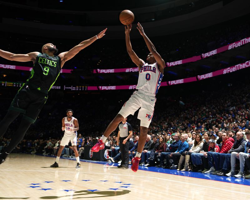 PHILADELPHIA, PA - FEBRUARY 2: Tyrese Maxey #0 of the Philadelphia 76ers shoots the ball during the game against the Boston Celtics on February 2, 2025 at the Wells Fargo Center in Philadelphia, Pennsylvania NOTE TO USER: User expressly acknowledges and agrees that, by downloading and/or using this Photograph, user is consenting to the terms and conditions of the Getty Images License Agreement. Mandatory Copyright Notice: Copyright 2025 NBAE(Photo by Jesse D. Garrabrant/NBAE via Getty Images)