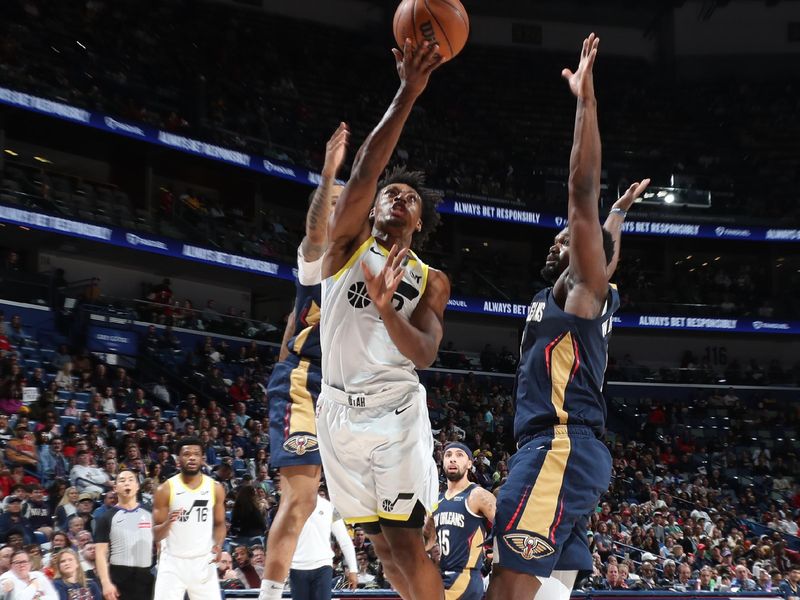 NEW ORLEANS, LA - JANUARY 17:  Collin Sexton #2 of the Utah Jazz drives to the basket during the game against the New Orleans Pelicans on January 17, 2025 at the Smoothie King Center in New Orleans, Louisiana. NOTE TO USER: User expressly acknowledges and agrees that, by downloading and or using this Photograph, user is consenting to the terms and conditions of the Getty Images License Agreement. Mandatory Copyright Notice: Copyright 2025 NBAE (Photo by Layne Murdoch Jr./NBAE via Getty Images)