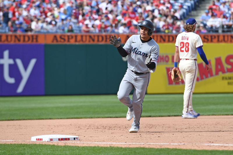 Apr 20, 2025; Philadelphia, Pennsylvania, USA; Miami Marlins outfielder Javier Sanoja (46) runs the bases after hitting a three-run home run during the eighth inning against the Philadelphia Phillies at Citizens Bank Park. Mandatory Credit: Eric Hartline-Imagn Images