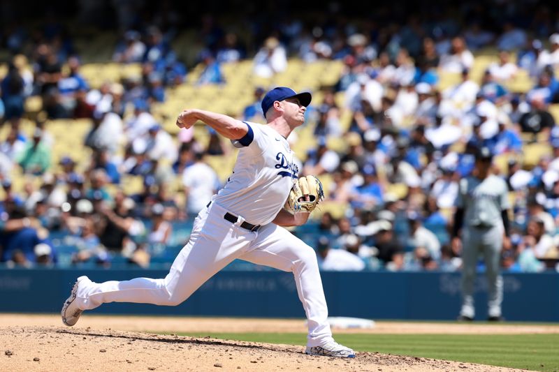 May 8, 2024; Los Angeles, California, USA;  Los Angeles Dodgers pitcher Daniel Hudson (41) pitches during the ninth inning against the Miami Marlins at Dodger Stadium. Mandatory Credit: Kiyoshi Mio-USA TODAY Sports