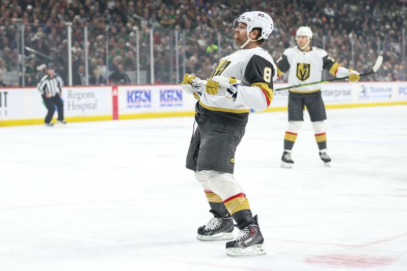 Apr 3, 2023; Saint Paul, Minnesota, USA; Vegas Golden Knights right wing Phil Kessel (8) reacts to his missed shot against the Minnesota Wild during the first period at Xcel Energy Center. Mandatory Credit: Matt Krohn-USA TODAY Sports