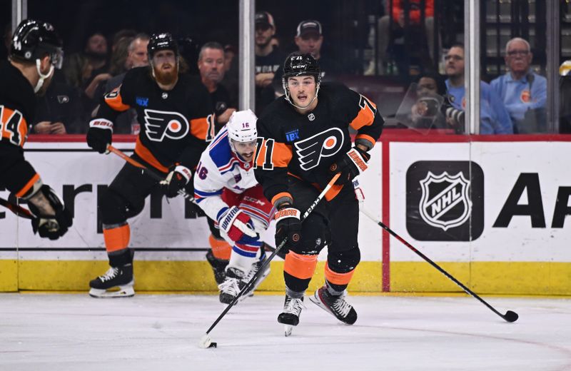 Nov 24, 2023; Philadelphia, Pennsylvania, USA; Philadelphia Flyers right wing Tyson Foerster (71) controls the puck against the New York Rangers in the second period at Wells Fargo Center. Mandatory Credit: Kyle Ross-USA TODAY Sports