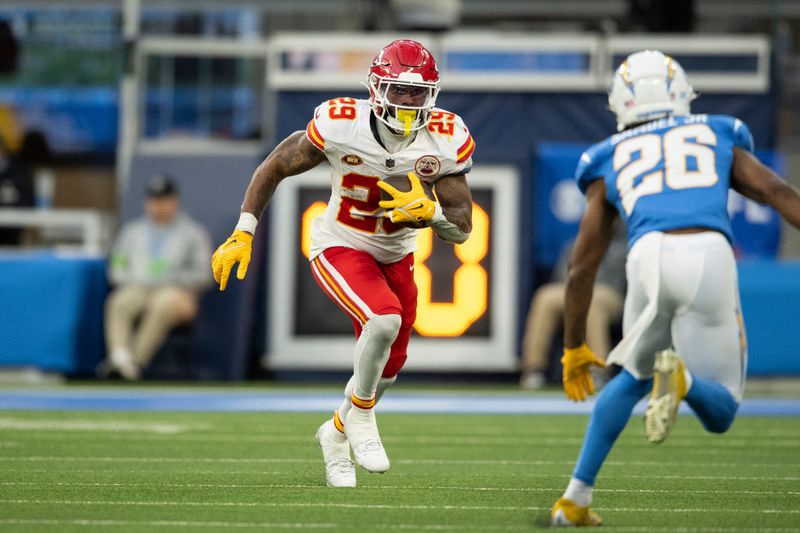 Kansas City Chiefs running back La'Mical Perine (29) runs with the ball during an NFL football game against the Los Angeles Chargers, Sunday, Jan. 7, 2024, in Inglewood, Calif. (AP Photo/Kyusung Gong)