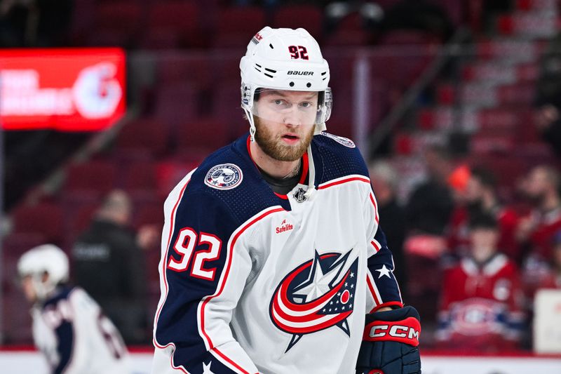 Mar 12, 2024; Montreal, Quebec, CAN; Columbus Blue Jackets left wing Alex Nylander (92) looks on during warm-up before the game against the Montreal Canadiens at Bell Centre. Mandatory Credit: David Kirouac-USA TODAY Sports