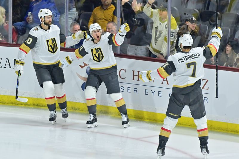 Feb 8, 2024; Tempe, Arizona, USA; Vegas Golden Knights right wing Jonathan Marchessault (81) celebrates with center Nicolas Roy (10) and defenseman Alex Pietrangelo (7) after scoring a goal 19 seconds into the first period against the Arizona Coyotes at Mullett Arena. Mandatory Credit: Matt Kartozian-USA TODAY Sports