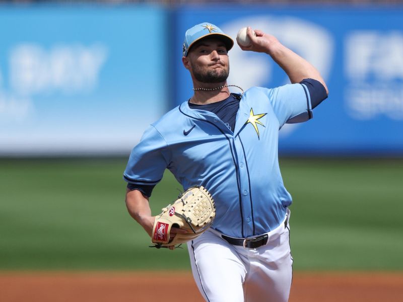 Mar 1, 2025; Port Charlotte, Florida, USA; Tampa Bay Rays pitcher Shane McClanahan (18) throws a pitch against the New York Mets in the second inning during spring training at Charlotte Sports Park. Mandatory Credit: Nathan Ray Seebeck-Imagn Images