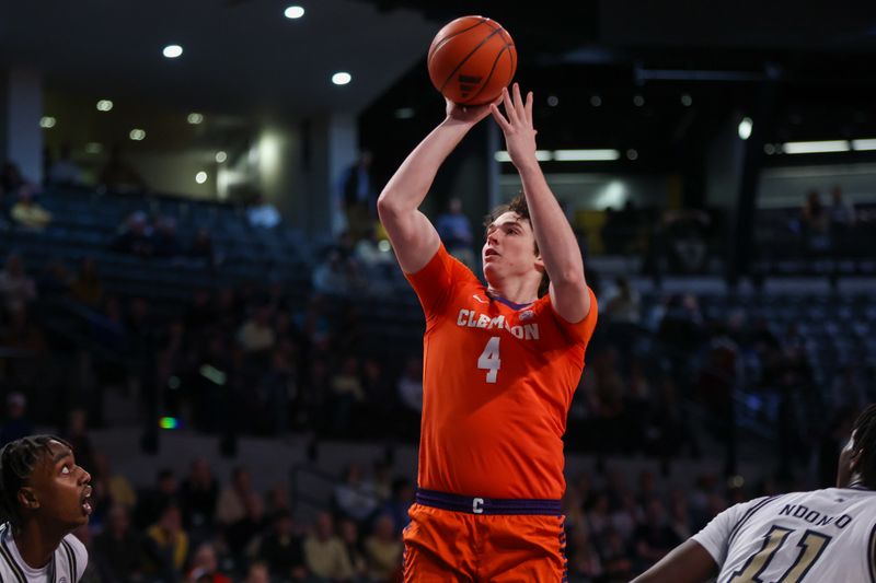 Feb 21, 2024; Atlanta, Georgia, USA; Clemson Tigers forward Ian Schieffelin (4) shoots against the Georgia Tech Yellow Jackets in the first half at McCamish Pavilion. Mandatory Credit: Brett Davis-USA TODAY Sports
